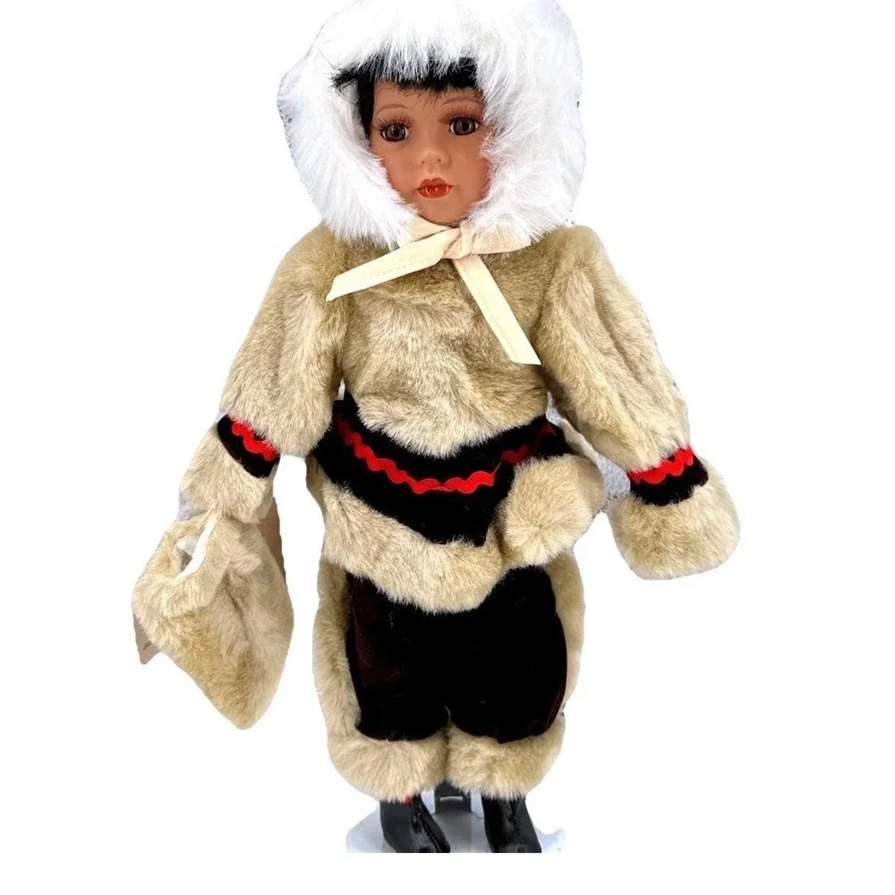 Vintage Porcelain Eskimo Doll Faux‎ Fur Hooded Outfit Display Collectible